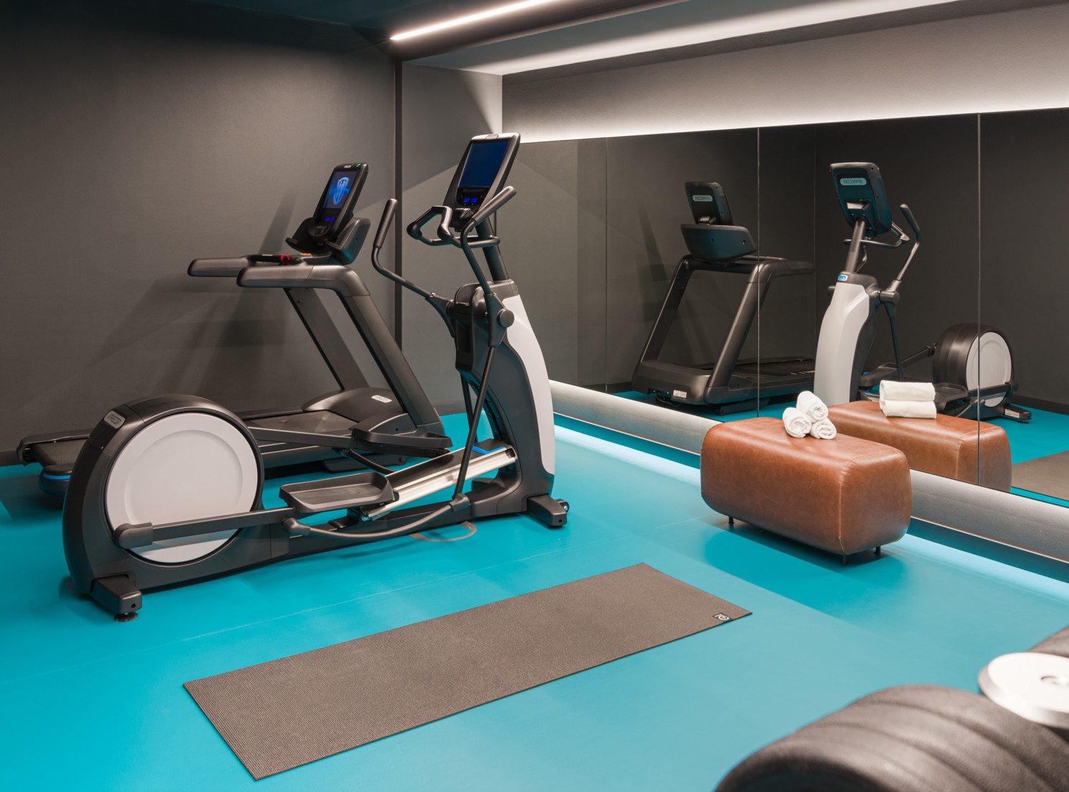 Fitnessraum mit Cardio Geräten, Yogamatte, Stepper, Laufband